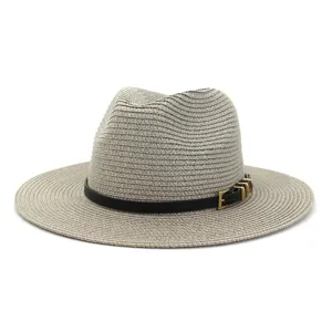 Grey straw fedora hat for women, summer beach sun protection hat with black leather belt detail.