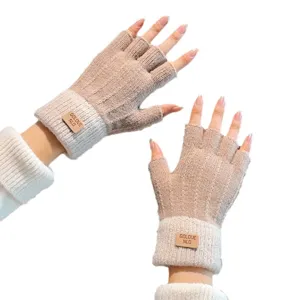 Winter warm fingerless knit gloves for students, fleece lined half finger thermal gloves.