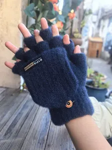Guanti invernali uomo caldi finta cachemire mezza dita ribaltabili maglia blu scuro