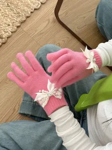Cute pink knit gloves detail, winter warm fleece-lined five-finger gloves with lace bow.