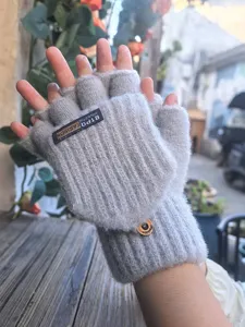 Guanti invernali da uomo mezza dito ribaltabili in maglia grigi stile moda calda