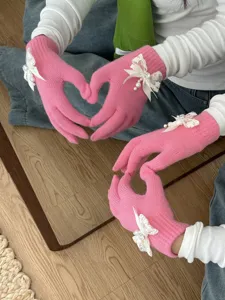 Cute pink knitted gloves for women with lace bow pearls sweet winter warm touch screen