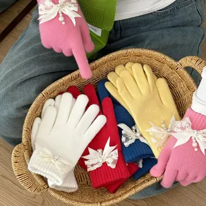 Women Winter Warm Fleece Lined Knit Gloves Touch Screen Five Finger Gloves With Bow Pearl Rhinestone Decoration