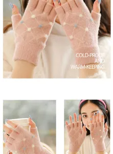 Detailed view of women winter warm fingerless knit gloves with cute rhombus dot pattern.