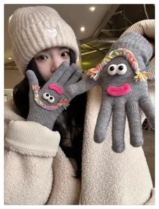 Cute funny knit gloves for women, winter warm wool gloves with funny 3D eyes and braids.