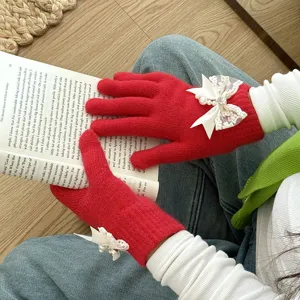 Women winter warm knit gloves touch screen cute red fleece lined thick cozy thermal mittens