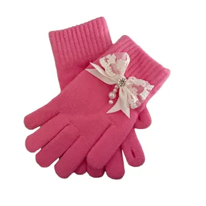 Women winter warm knitted gloves in pink featuring a cute white lace bow and pearl charm.