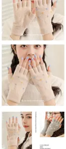Half-finger knit wool gloves for women, winter warm half cut design with cute colorful dots.