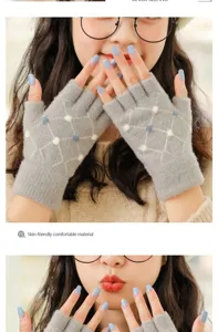Women knit half-finger gloves winter warm fingerless gloves cute dotted design