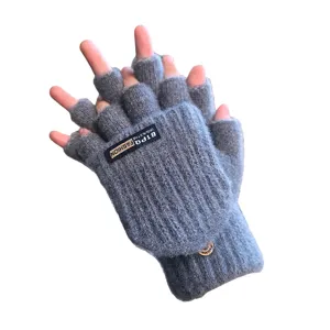 Guanti invernali caldi convertibili a mezze dita in maglia grigia per digitare.