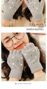 Women half finger knitted gloves winter warm cold-proof grey check writing gloves item