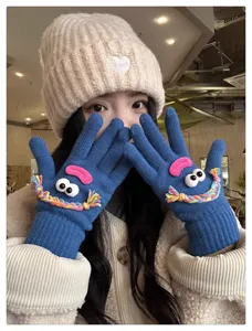 Cute funny knitted gloves for women winter warm cute cartoon blue gloves with eyes