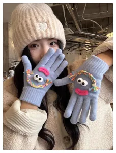 Cute funny ugly-cute knitted gloves with googly eyes and colorful braids for women winter.