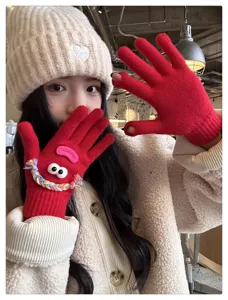 Cute quirky knit gloves for women winter warm fingerless touch screen funny red gloves.