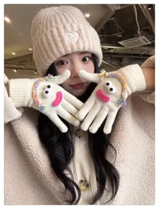 Cute quirky knit gloves and beanie hat set for women winter warm touchscreen cozy stylish