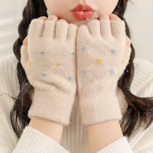 Women winter fingerless knitted gloves cute embroidered warm half finger gloves writing