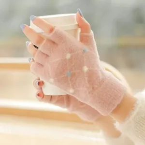 Women winter half finger knit gloves, warm pink diamond pattern typing gloves for students.