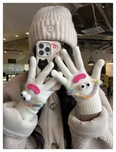 Adorably quirky knit gloves for women winter warm touch screen funny face thermal mittens.