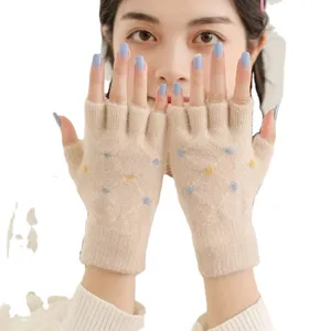 Women fingerless knit gloves winter warm half finger gloves with cute dots for daily writing work