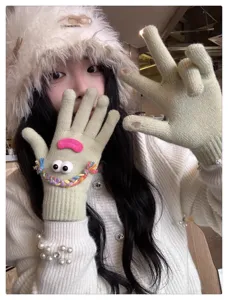 Cute funny knit gloves for women winter warm fingerless touch screen gloves green