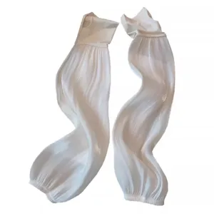 White pleated sun protection sleeves for women, cooling arm covers with finger holes, long style.