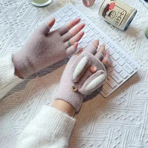 Women winter fingerless flip cover warm gloves cute rabbit ears knitted plush mittens.