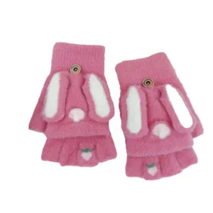Pink rabbit ear winter half-finger gloves warm cute convertible plush mittens for women students.