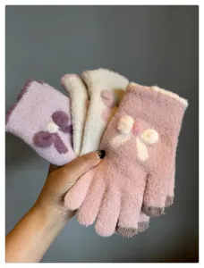Women's touch screen knit gloves cute bow winter warm five-finger knitted gloves detail