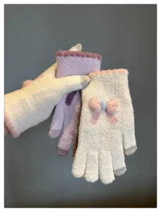 Touchscreen knit gloves for women, warm winter five-finger woolen gloves with cute bow.