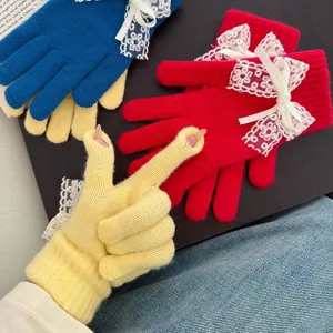 Women Winter Warm Knit Gloves Fleece Lined Touch Screen Gloves Cute Lace Bow Design Soft Thermal Gloves For Ladies