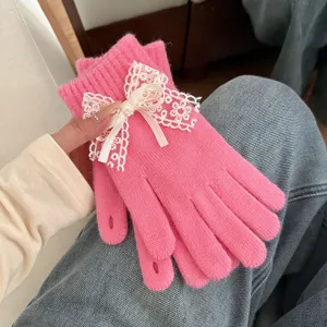 Women winter warm knit gloves cute pink bow lace touch screen fleece lined thermal mittens