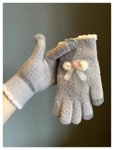 Women winter touch screen knitted gloves cute bow warm wool five finger gloves grey
