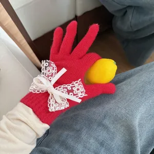 Women winter cute red knitted gloves with white lace bow warm thermal touch screen mittens