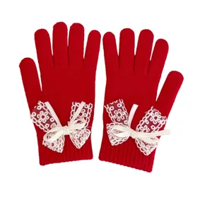 Women winter cute knit gloves with white lace bow, thick warm five finger thermal gloves.