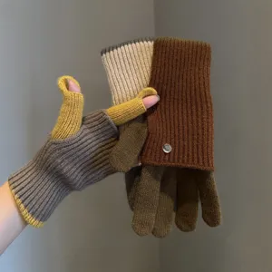 Femmes hiver bloc de couleur tricot gants sans doigts convertibles mitaines chaudes thermiques