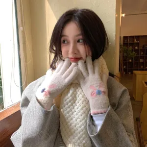 Women Winter Warm Touch Screen Knitted Gloves Cute Bow Solid Color Full Finger Gloves Student Cycling Thermal Gloves