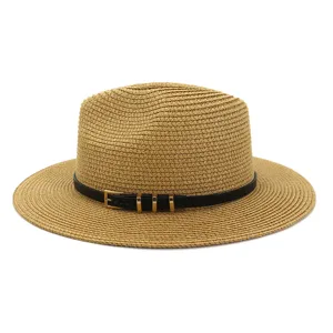 Women summer straw sun hat fedora beach hat with black belt detail. Perfect outdoor sun protection.