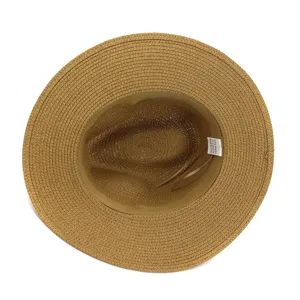 Close-up detail of the inner label and woven texture of a classic brown summer straw fedora hat.