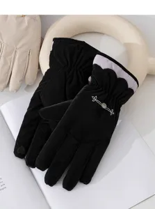 Close-up of women winter warm fleece lined touch screen gloves with Chinese style embroidery.
