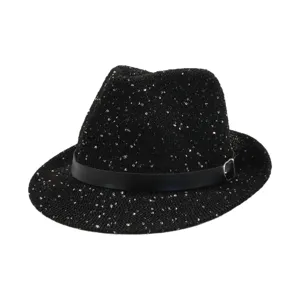 Black sequin fedora hat with faux leather belt and metal buckle for beach party and sun protection.