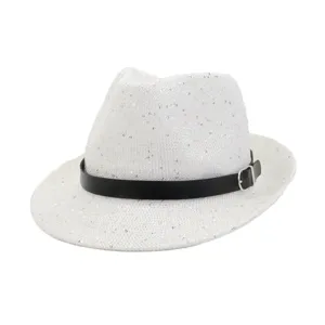 White sequin fedora hat detail, black leather belt, silver buckle, summer party beach accessory.