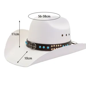 Sombrero de vaquero occidental blanco con banda marrón, cuentas turquesas y cruz.