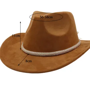 Western suede cowboy hat detail view, featuring sparkling rhinestone band and size.