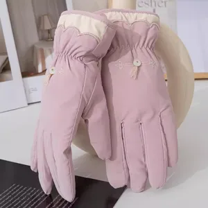 Women winter warm plush thick gloves cute Chinese style embroidery windproof outdoor skiing gear
