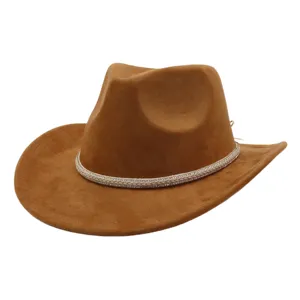 Fashion Western Suede Cowboy Hat For Men Women Wide Brim Sun Protection Cap With Rhinestone Braided Hat Band