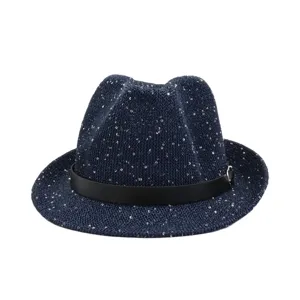 Dark blue sequin fedora hat detail, elegant black leather belt accessory beach cap