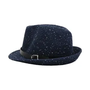 Stylish navy blue fedora sun hat with sparkling texture, black leather belt, and metal buckle.