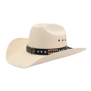 Sombrero de Paja Vaquero del Oeste Unisex Ala Ancha Protección Solar Fedora de Papel con Banda de Cuero Decoración de Cruz de Metal