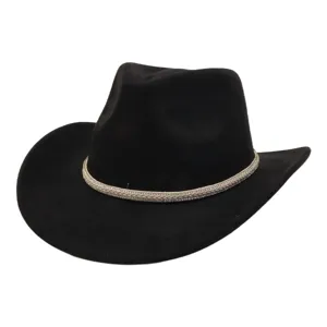 Detail view of the black suede western cowboy hat with rhinestone braided band, perfect for outdoor travel.