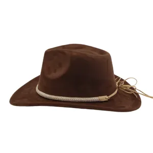 Brown suede western cowboy hat with rhinestone braided band, ideal detail for outdoor sun.